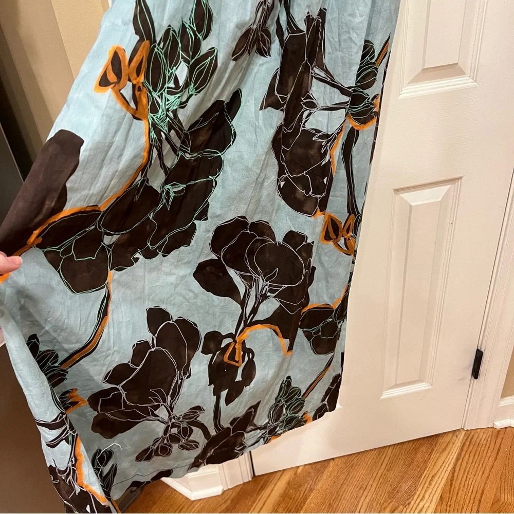 TELA Light Blue Brown Floral Maxi Dress Flowy Aqua Floral Dress XS